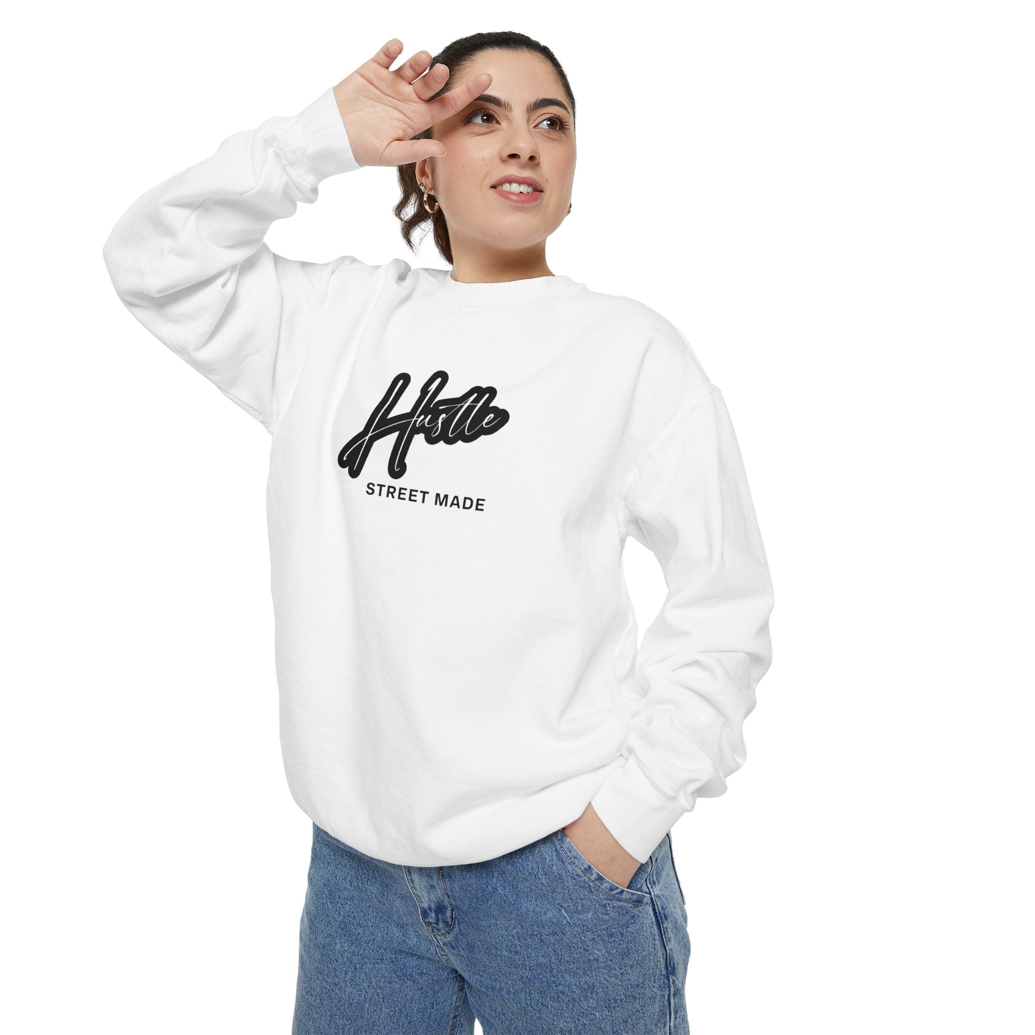 Hustle Street Mode Sweatshirt – Premium White Crewneck for Men & Women