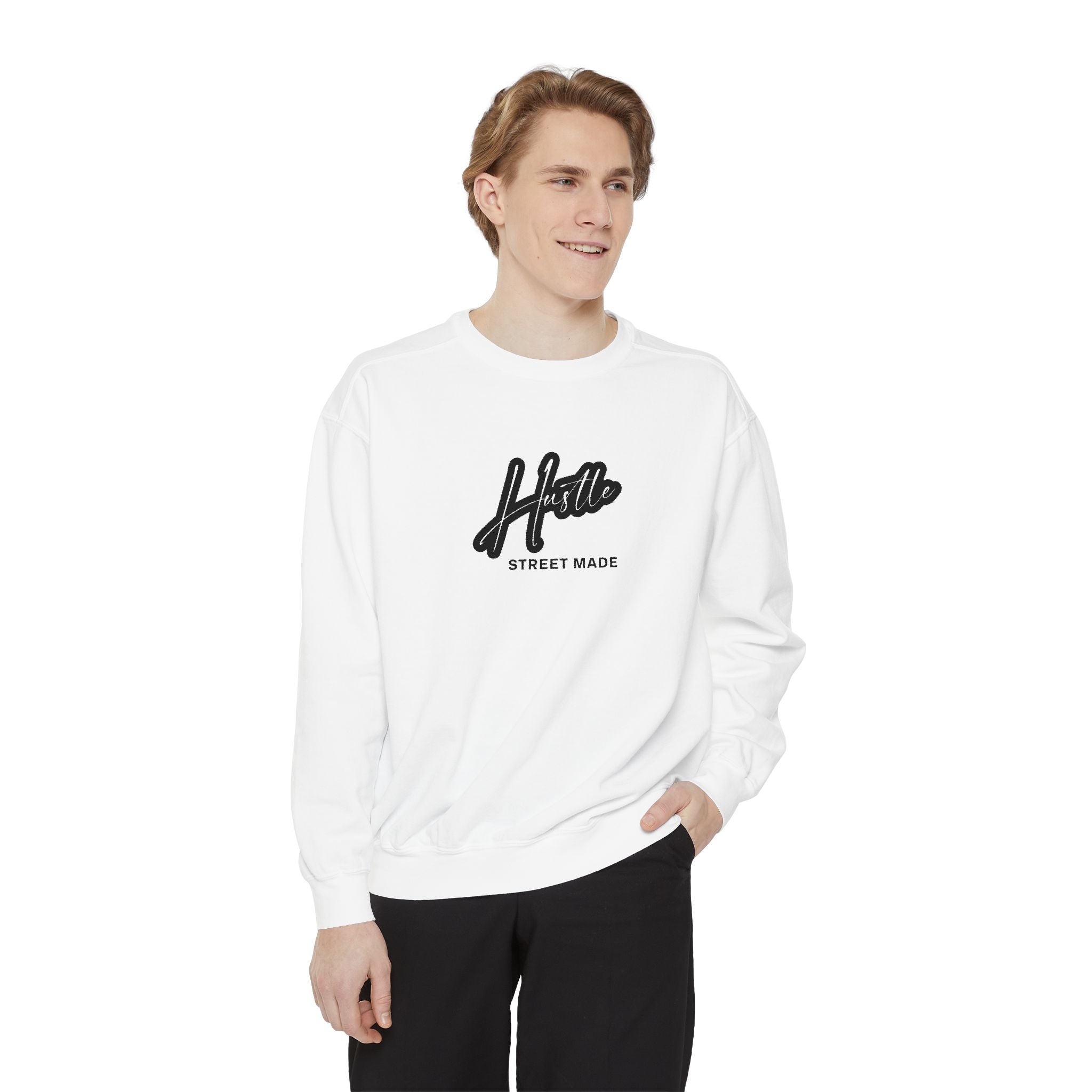 Unisex white Hustle Street Mode sweatshirt with black graphic print – streetwear crewneck for men and women.