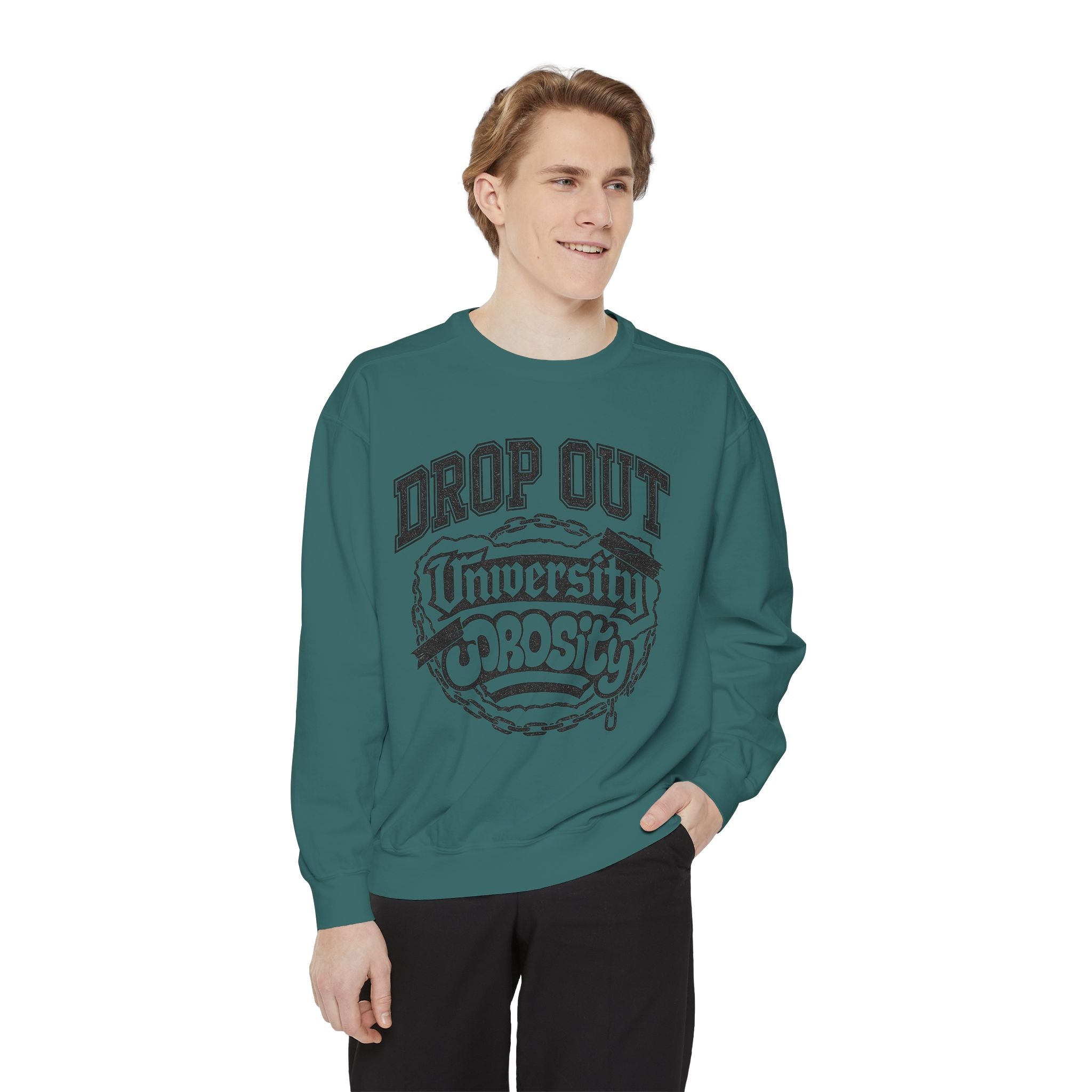 Funny College Dropout Sweatshirt – Unisex Garment-Dyed Streetwear Style