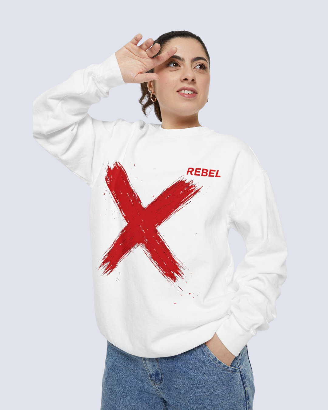 urban rebel sweatshirt, red streetwear sweatshirt, hand painted x sweatshirt, garment dyed unisex pullover, distressed brush stroke sweatshirt, glitch city skyline sweatshirt, bold graphic sweatshirt, unisex rebel sweater, eco friendly streetwear sweatshirt, festival outfit streetwear, rebel graphic crewneck, trendy urban sweatshirt