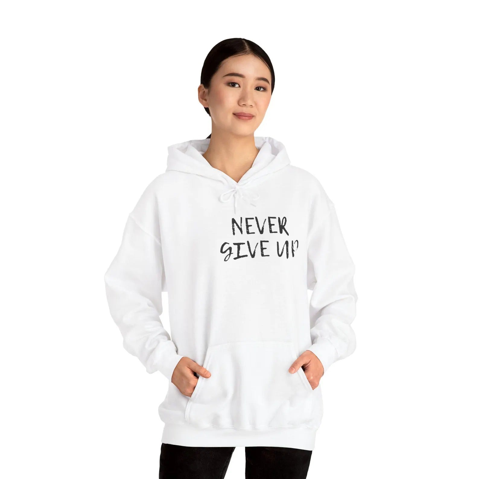 Never Give Up Hoodie – Unisex Heavy-Blend Motivational Pullover, Cozy Everyday Statement