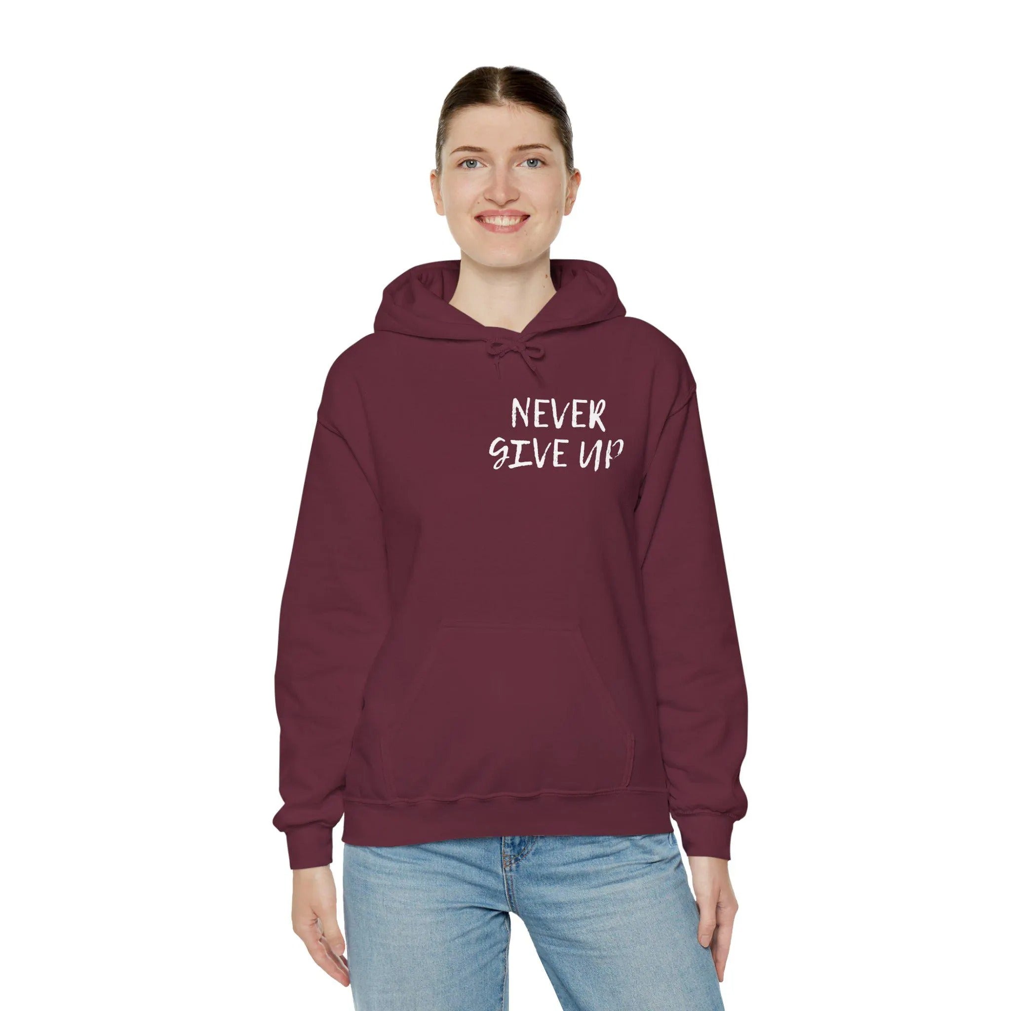 Never Give Up Hoodie – Unisex Heavy-Blend Motivational Pullover, Cozy Everyday Statement