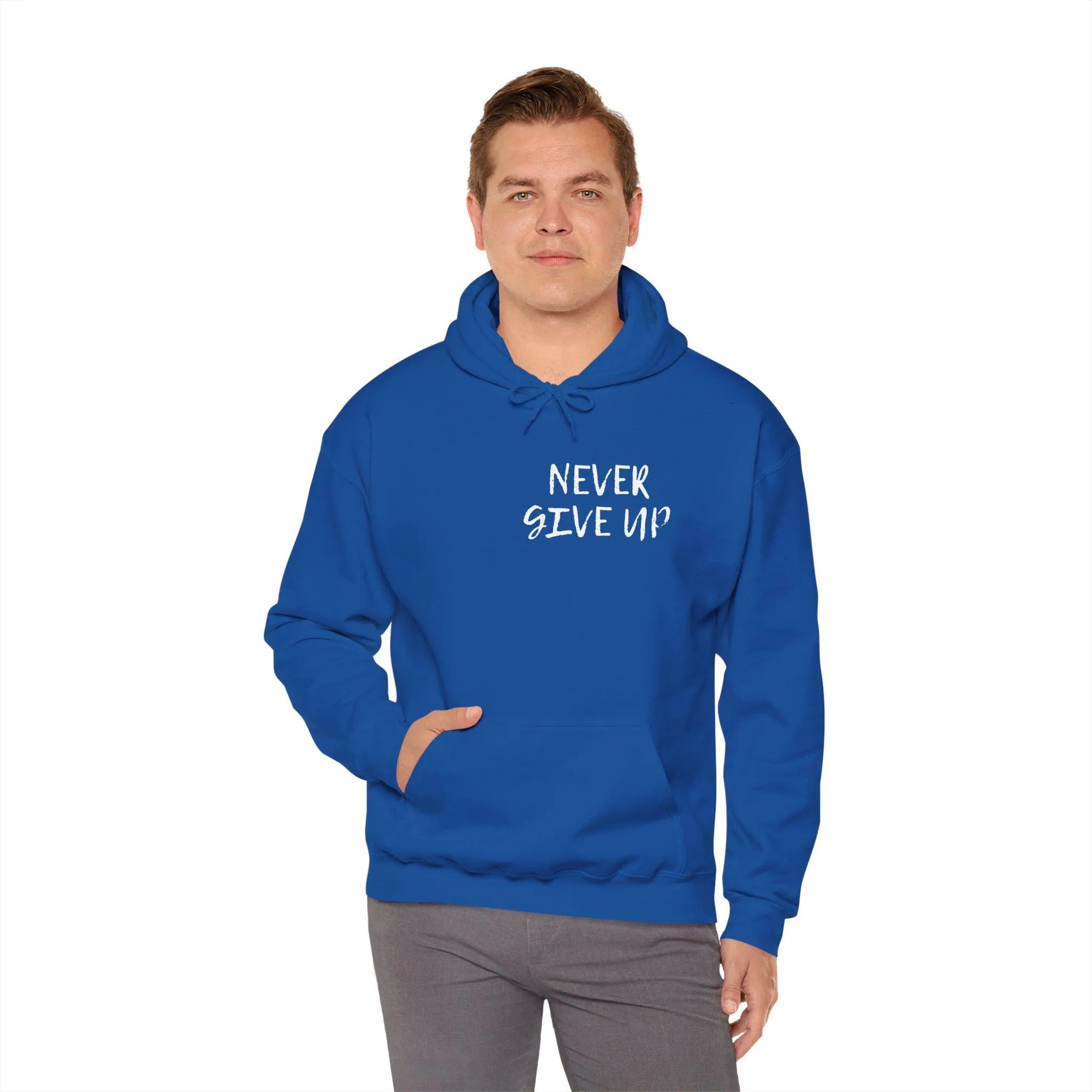 Never Give Up Hoodie – Unisex Heavy-Blend Motivational Pullover, Cozy Everyday Statement